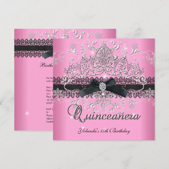 Quinceanera 15th Pink Glitter Tiara Black Bow Invitation (Front/Back)