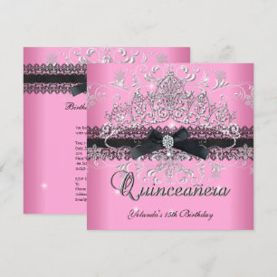 Quinceanera 15th Pink Glitter Tiara Black Bow Invitation