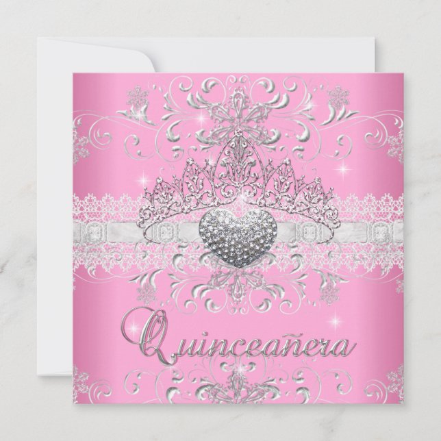 Quinceanera 15th Pink Glitter Tiara Lace Heart Invitation (Front)