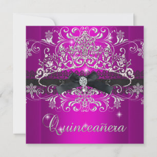 Quinceanera 15th Pink Purple Glitter Tiara Black Invitation