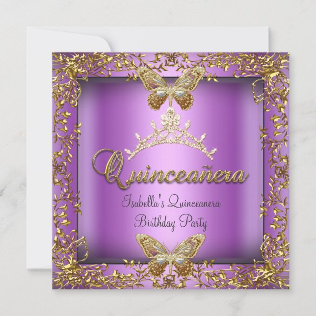Quinceañera 15th Pink Purple Gold Butterfly Invitation (Front)