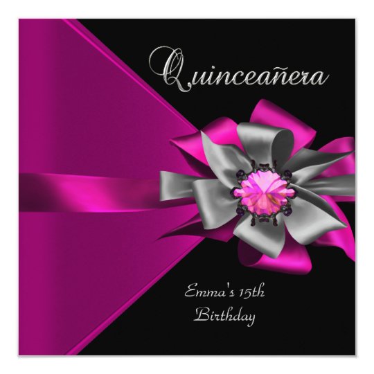 Quinceanera 15th Pink Silver Black Grey Bow 3 Card