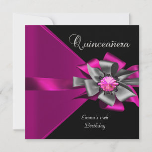 Quinceanera 15th Pink Silver Black Grey Bow 3 Invitation
