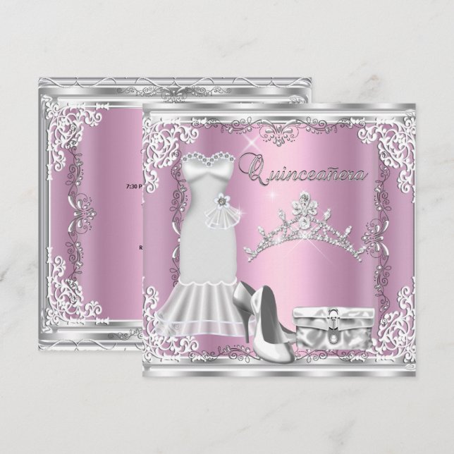 Quinceanera 15th Pink Silver Diamond Tiara Invitation (Front/Back)