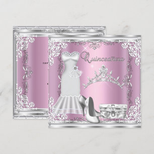 Quinceanera 15th Pink Silver Diamond Tiara Invitation