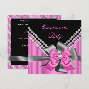 Quinceanera 15th Pink Silver Grey Bow Diamonds 2 Invitation