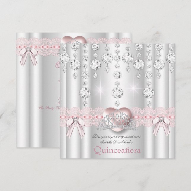 Quinceanera 15th Pink Silver Heart Diamonds 2 Invitation (Front/Back)