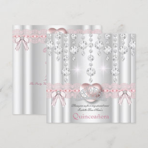 Quinceanera 15th Pink Silver Heart Diamonds 2 Invitation