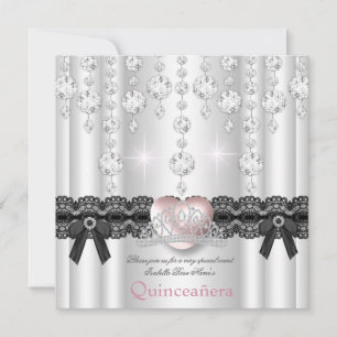 Quinceanera 15th Pink Silver Heart Diamonds Invitation