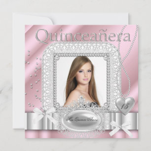 Quinceanera 15th Pink White Lace Pearl Photo Invitation