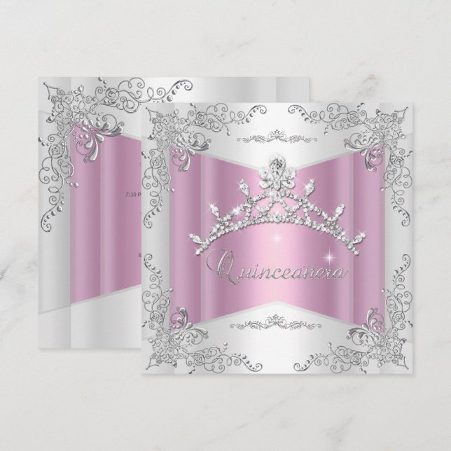 Quinceanera 15th Pink White Silver Tiara Invitation (Front/Back)