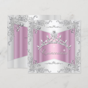 Quinceanera 15th Pink White Silver Tiara Invitation