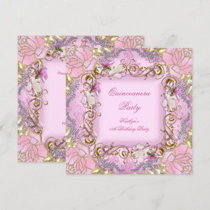 Quinceanera 15th Pretty Pink Damask Gold Floral Invitation