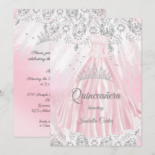 Quinceanera 15th Pretty Pink Silver Dress glitter Invitation