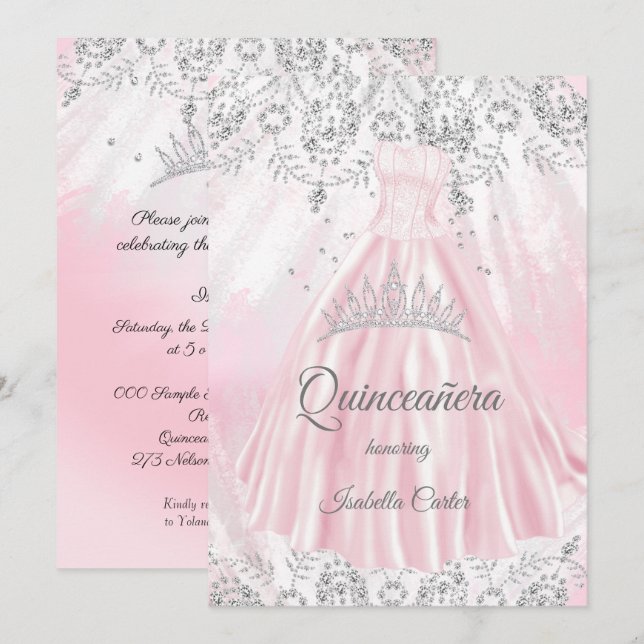 Quinceanera 15th Pretty Pink Silver Dress glitter Invitation (Front/Back)