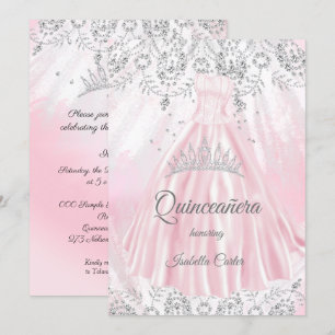 Quinceanera 15th Pretty Pink Silver Dress glitter Invitation