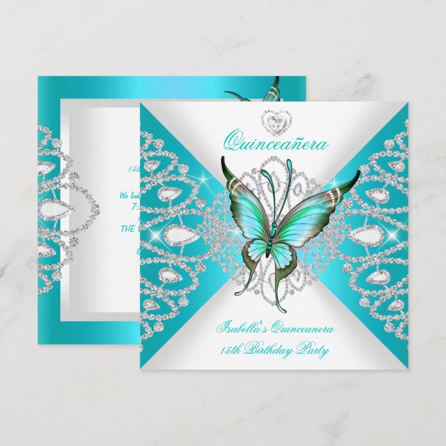 Quinceanera 15th Pretty Teal Blue Butterfly Tiara Invitation (Front/Back)