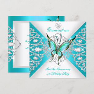 Quinceanera 15th Pretty Teal Blue Butterfly Tiara Invitation