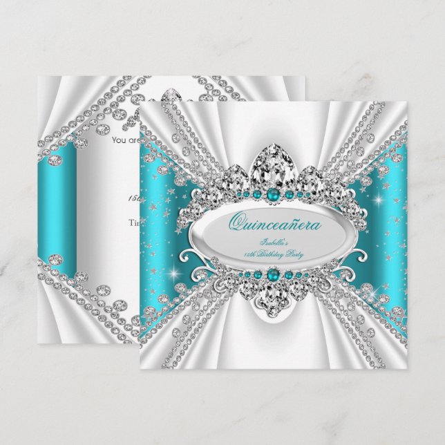 Quinceanera 15th Princess Teal Tiara Diamonds Invitation (Front/Back)