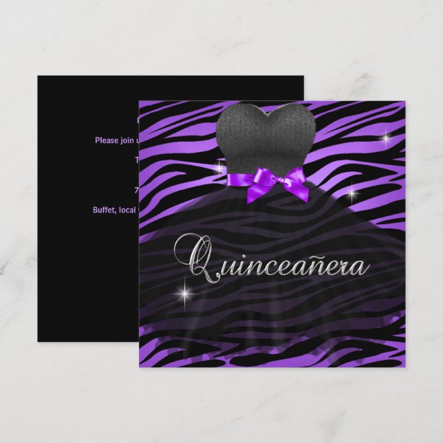 Quinceanera 15th Purple Black Zebra Dress Invitation (Front/Back)