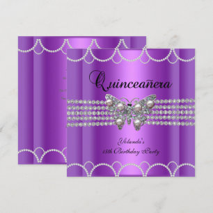 Quinceanera 15th Purple Butterfly Pearl Lace Invitation