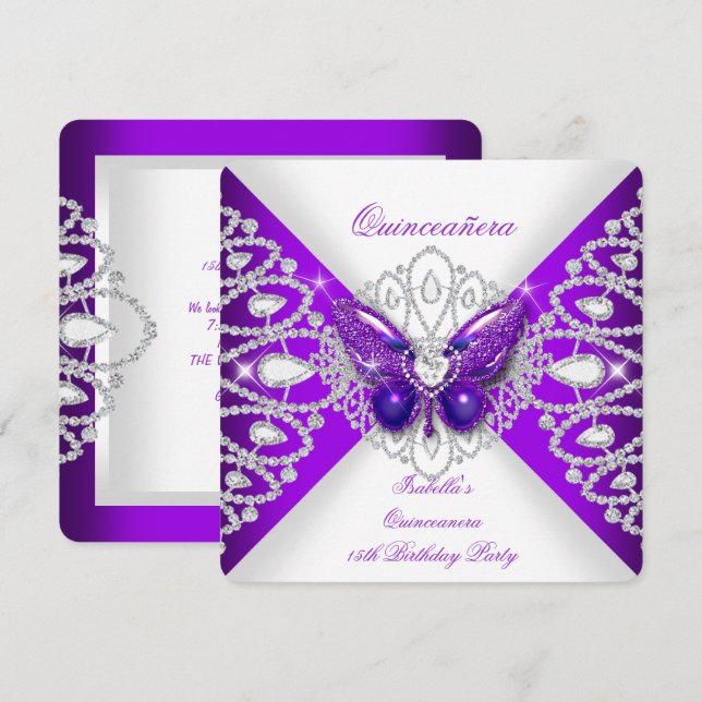 Quinceanera 15th Purple Butterfly Tiara Party 2 Invitation (Front/Back)