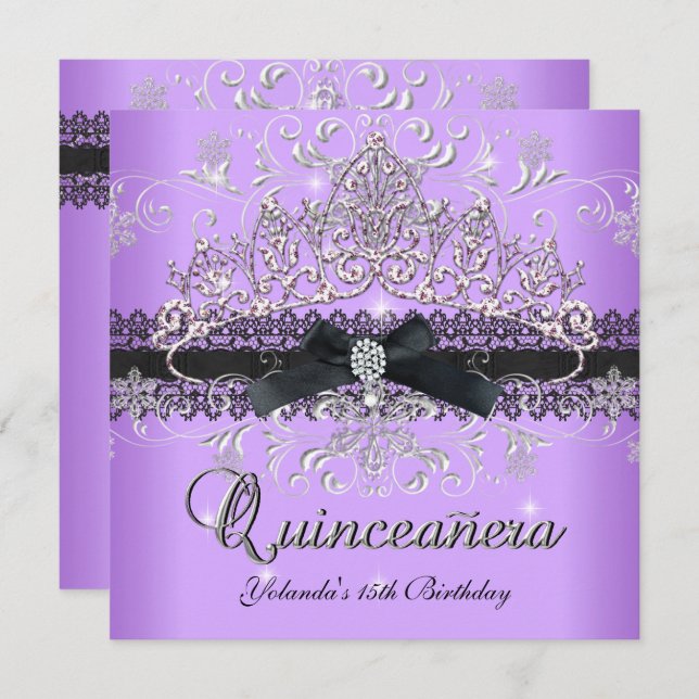 Quinceanera 15th Purple Glitter Tiara Black Bow Invitation (Front/Back)