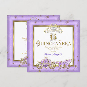 Quinceanera 15th Purple Gold Tiara Horse Carriage Invitation