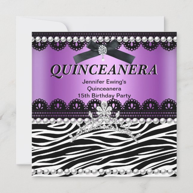 Quinceanera 15th Purple Pink Black Zebra Tiara Invitation (Front)