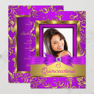 Quinceanera 15th Purple pink Gold Damask Photo Invitation