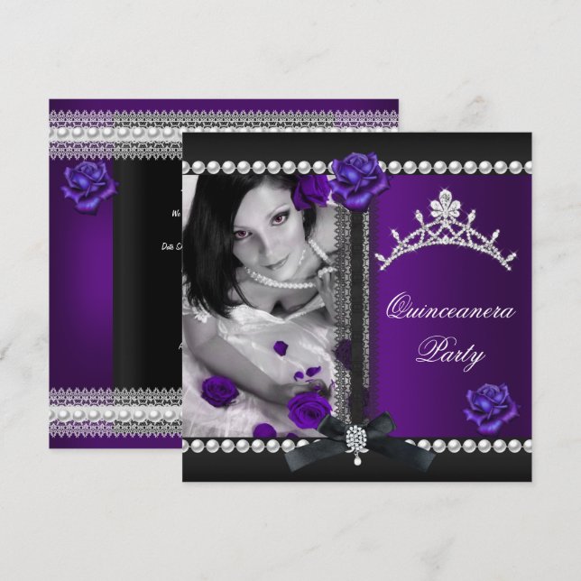 Quinceanera 15th Purple Rose Black Pearl Invitation (Front/Back)