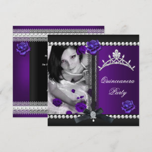 Quinceanera 15th Purple Rose Black Pearl Invitation