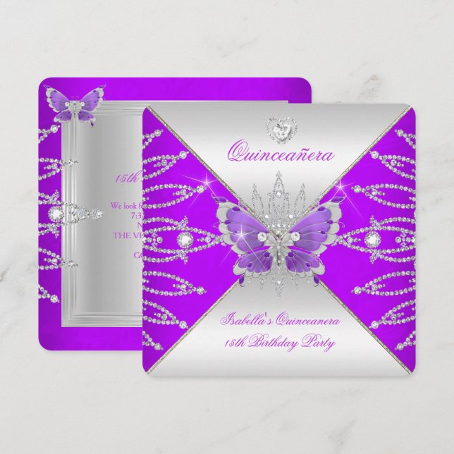 Quinceanera 15th Purple Silver Butterfly Tiara Invitation (Front/Back)