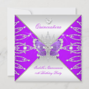 Quinceanera 15th Purple Silver Butterfly Tiara Invitation