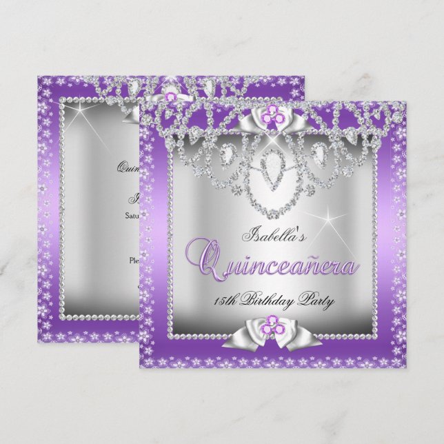 Quinceanera 15th Purple Silver Diamond Tiara Invitation (Front/Back)