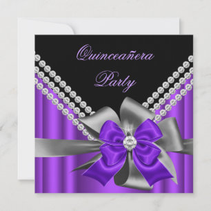 Quinceanera 15th Purple Silver Grey Bow Diamonds Invitation