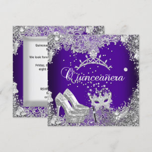 Quinceanera 15th Purple Silver Mask Tiara Invitation