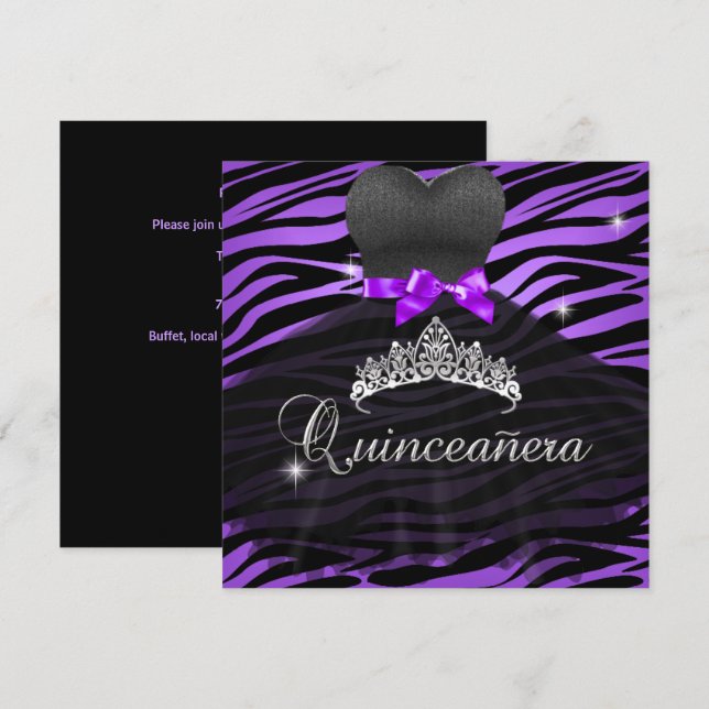 Quinceanera 15th Purple Tiara Zebra Dress Invitation (Front/Back)