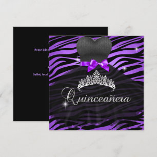 Quinceanera 15th Purple Tiara Zebra Dress Invitation