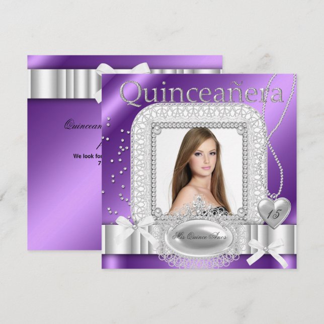 Quinceanera 15th Purple White Lace Pearl Photo Invitation (Front/Back)
