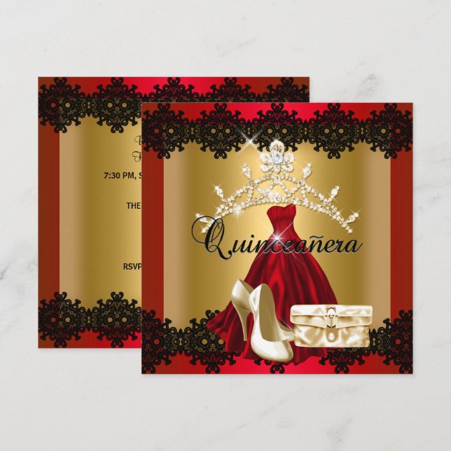 Quinceanera 15th Red Black Gold Diamond Tiara Invitation (Front/Back)