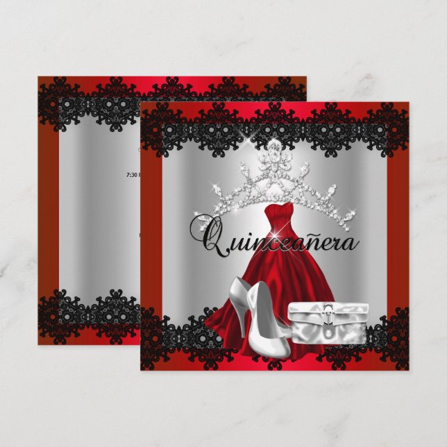 Quinceanera 15th Red Black Silver Diamond Tiara Invitation (Front/Back)
