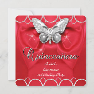 Quinceanera 15th Red Butterfly Pearl Party Invitation