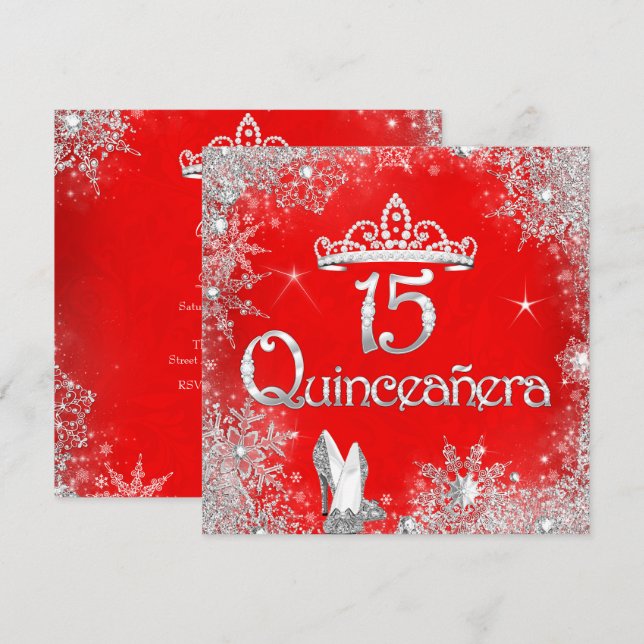Quinceanera 15th Red Silver Snowflakes Party 2 Invitation (Front/Back)
