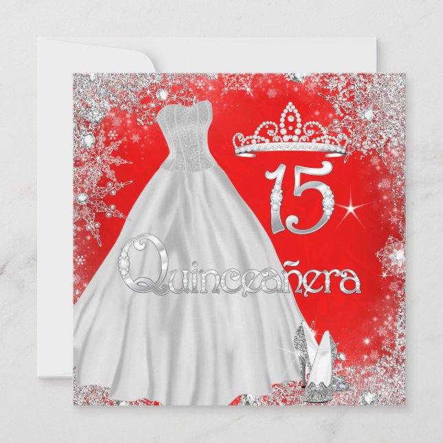 Quinceanera 15th Red Silver Snowflakes Party Invitation (Front)