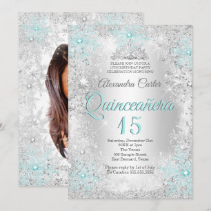Quinceanera 15th Silver Teal blue Snowflake Photo Invitation