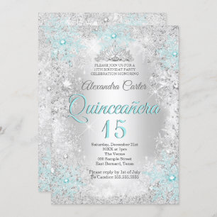Quinceanera 15th Silver Teal blue Snowflake Photo Invitation