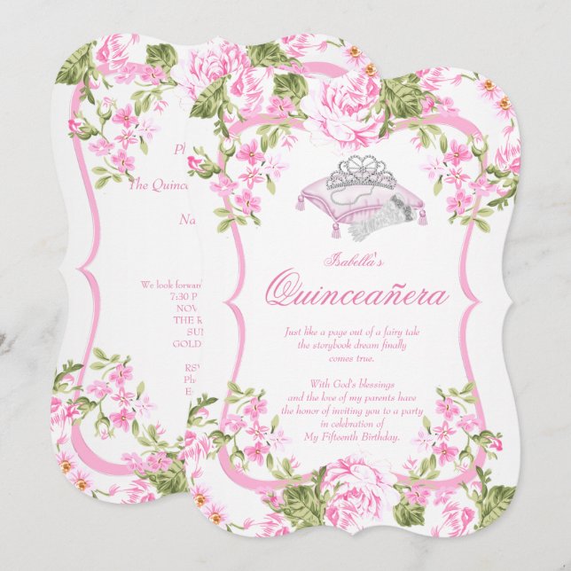Quinceanera 15th Sweet Pink Roses Flowers Invitation (Front/Back)