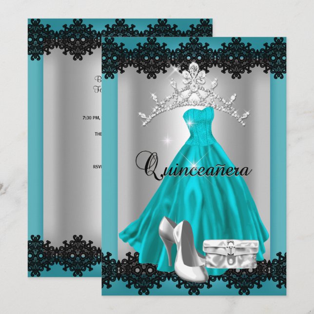 Quinceanera 15th Teal Black Silver Diamond Tiara Invitation (Front/Back)