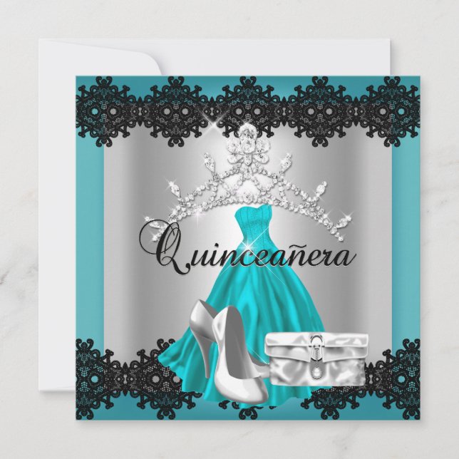 Quinceanera 15th Teal Black Silver Diamond Tiara Invitation (Front)